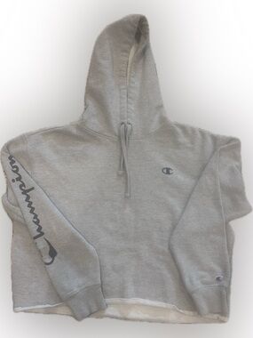 NWOT Champion Light Gray Hooded Crewneck Crop Sweatshirt with Sleeve Script